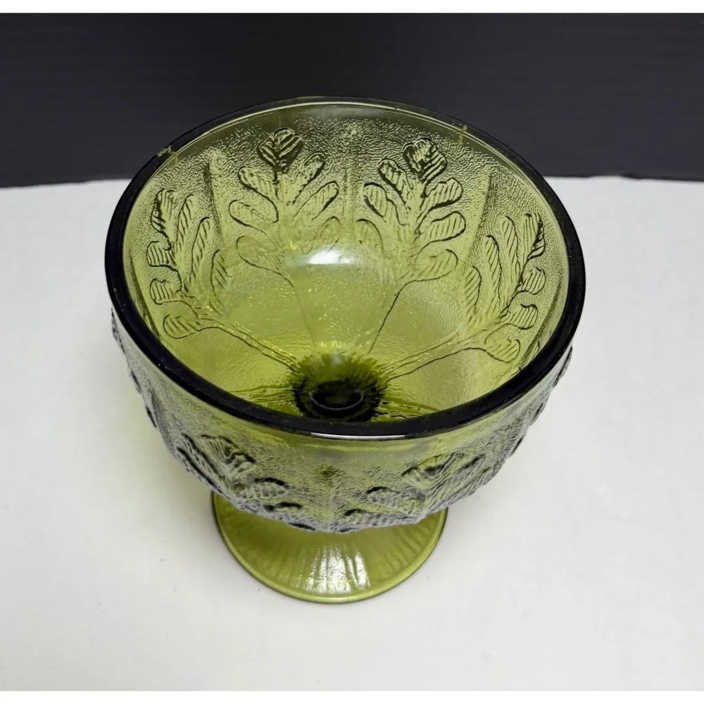 Vintage FTD Green Glass Compote Pedestal Candy Dish Embossed Leaf Pattern